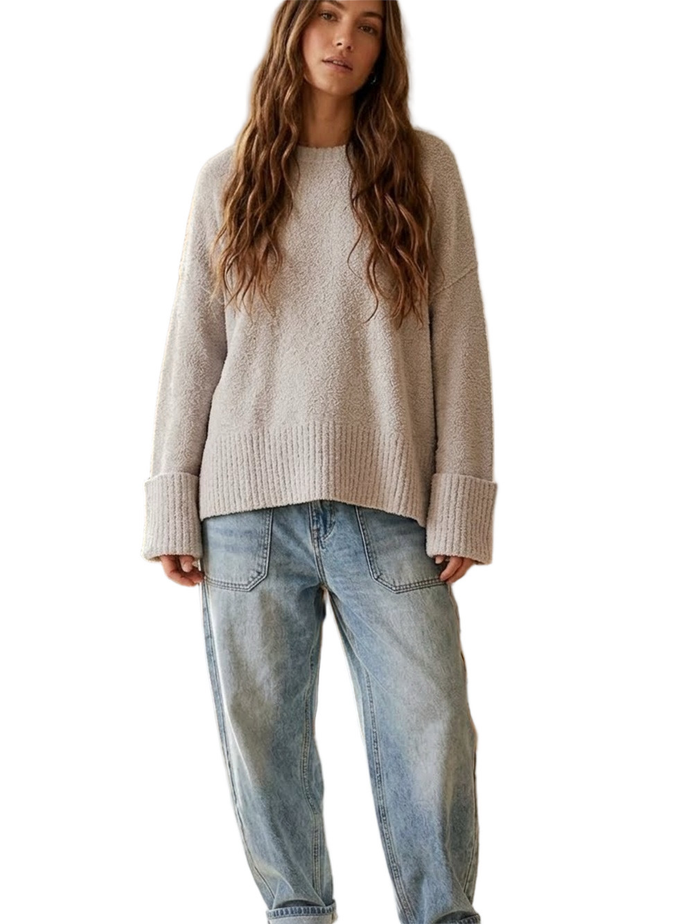 Relaxed Crewneck Women's Knit Sweater in Light Gray Size M